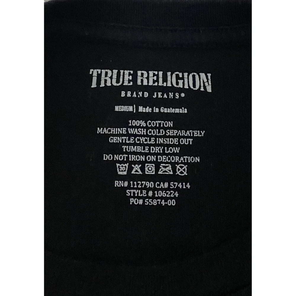True Religion Buddha Logo Seal T-shirt Mens M Black‎ Guitar Graphic Logo